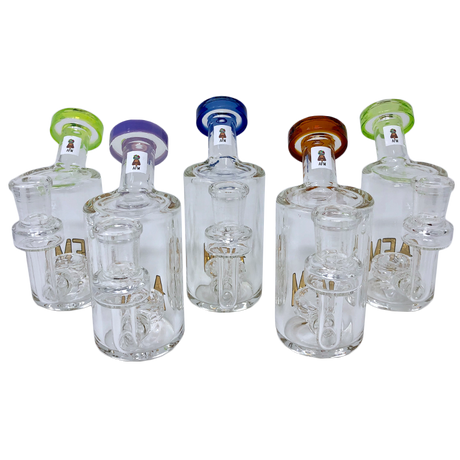 AFM Tiny Can Glass Mini Dab Rigs in various colors with Showerhead Perc, front view on white background
