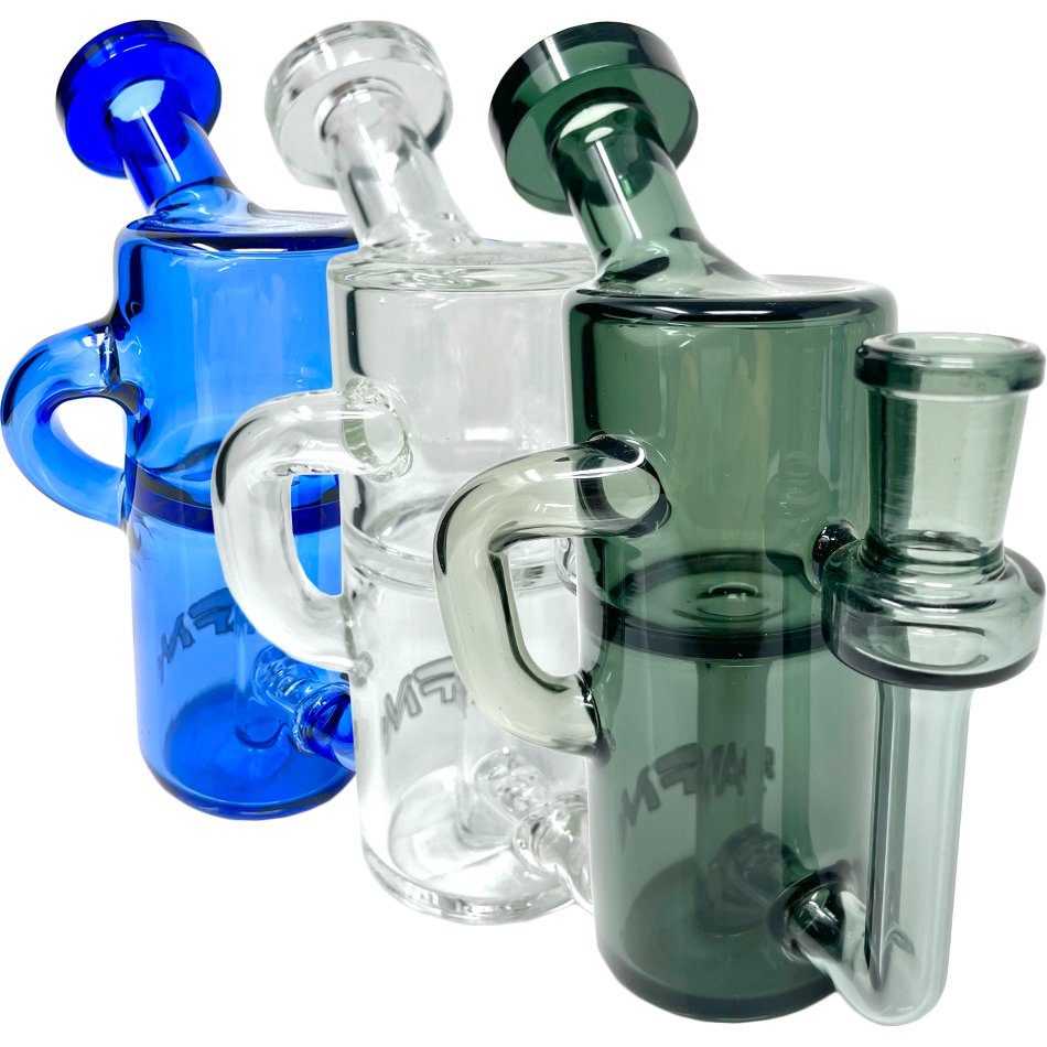 AFM Power Can Color Glass Recycler Mini Dab Rigs in blue, clear, and green variants with 14mm female joints