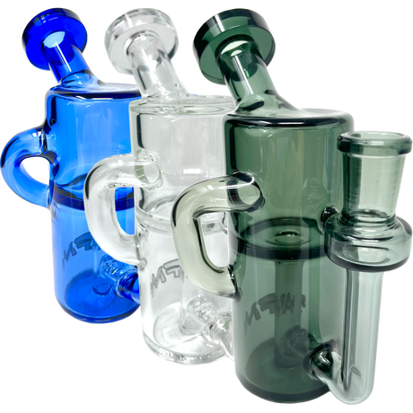 AFM Power Can Color Glass Recycler Mini Dab Rigs in blue, clear, and green variants with 14mm female joints