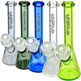 AFM Nano Color Glass Mini Beaker Bongs in various colors with clear bowls, front view