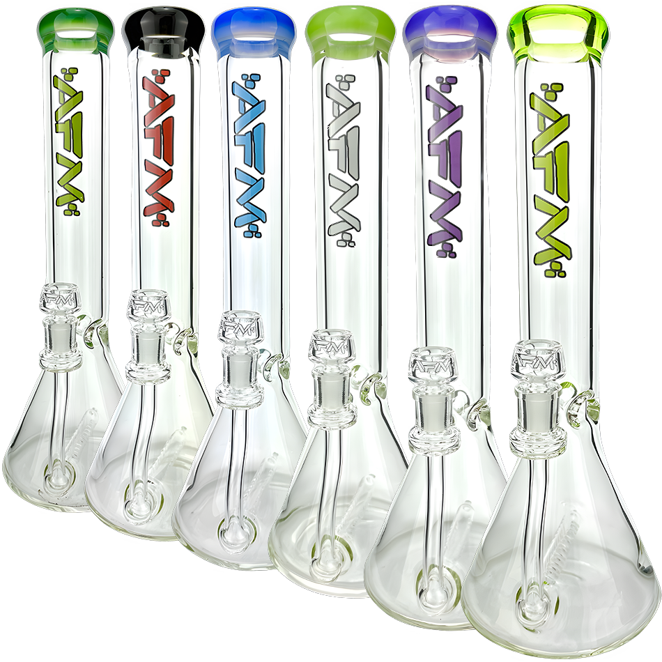 AFM Glass Beaker Bongs with Inline Perc and Colored Lips, 9mm Thick, Front View