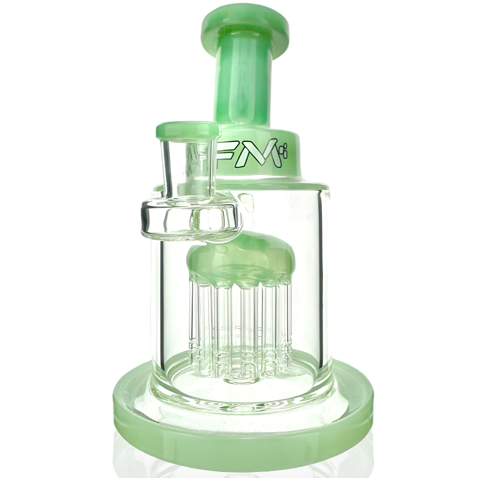 7" AFM Glass Dab Rig with Eight Arm Perc and Bent Neck, Front View on White Background