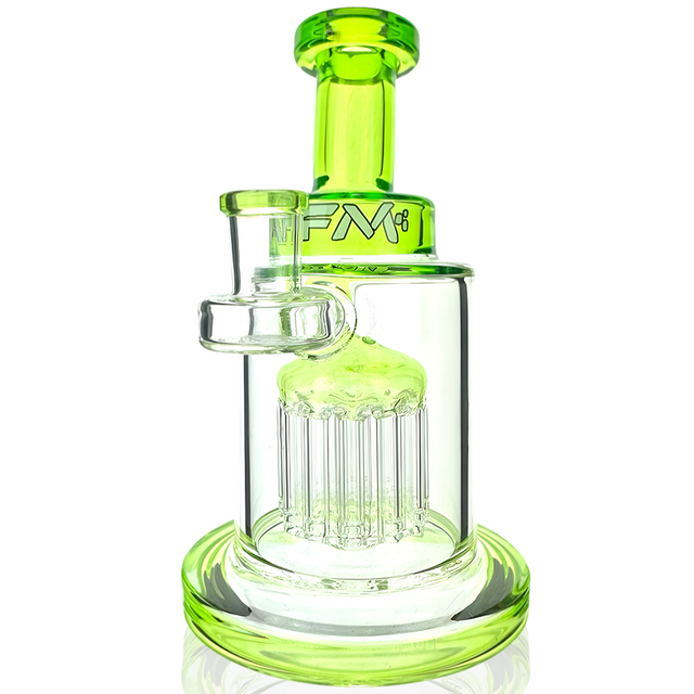 7" AFM Glass Dab Rig with Eight Arm Perc, Bent Neck, and Green Accents - Front View