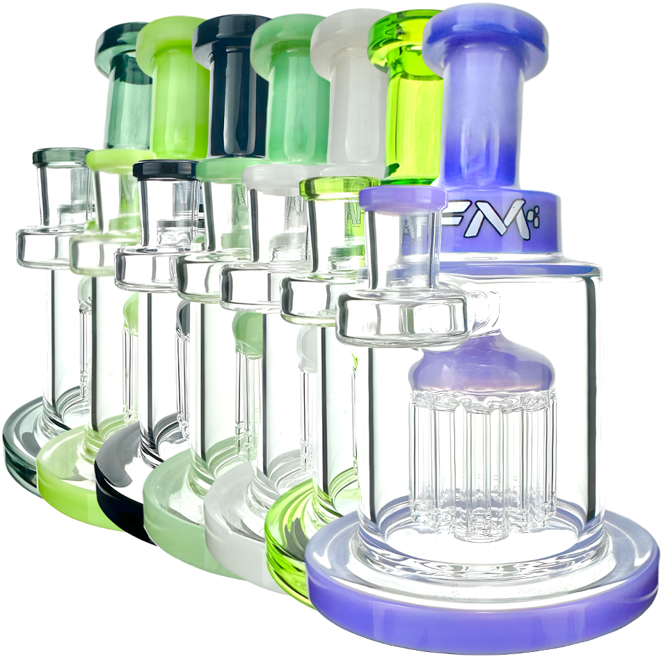 AFM Glass Dab Rigs with Eight Arm Perc, Bent Neck, and Borosilicate Glass, Side View