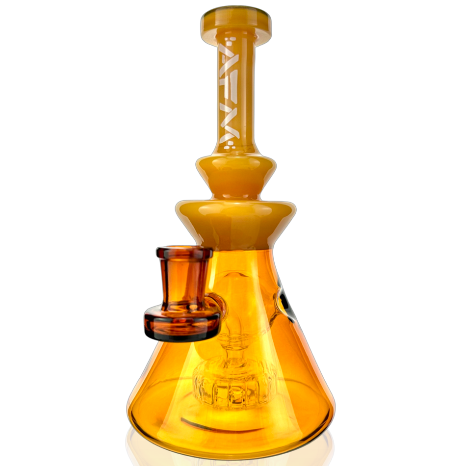 8" AFM Swiss Pyramid Glass Dab Rig in Amber, Front View with Showerhead Perc