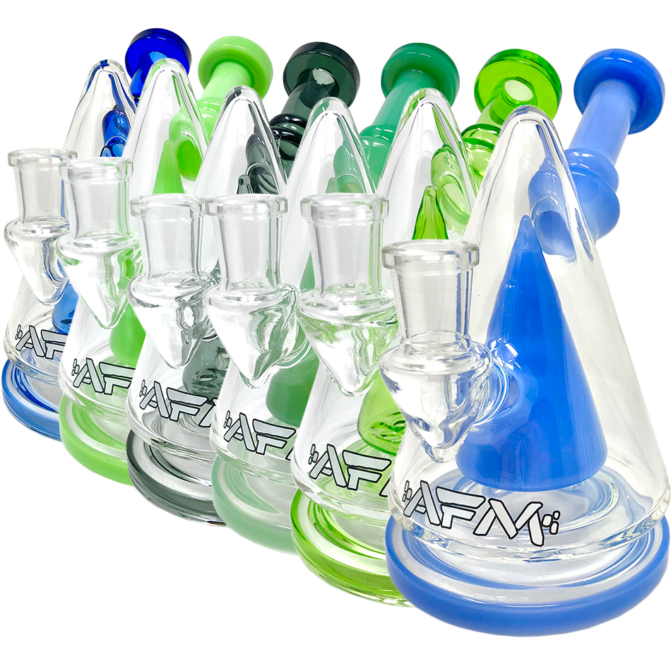 AFM Cone Head Dab Rigs lineup featuring colored glass, bent necks, and showerhead percs