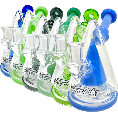 AFM Cone Head Dab Rigs lineup featuring colored glass, bent necks, and showerhead percs