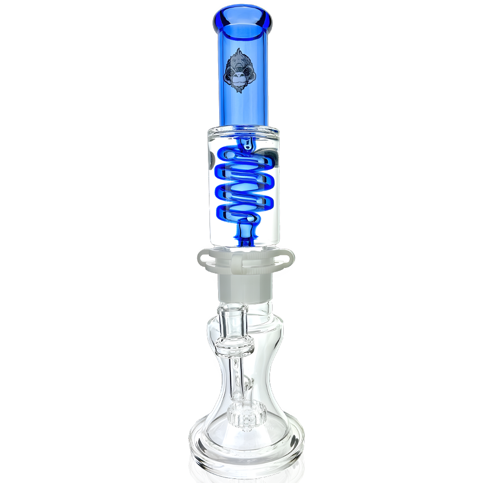 14" AFM Glass Bong with Showerhead Perc and Blue Freezable Coil, Front View on White Background