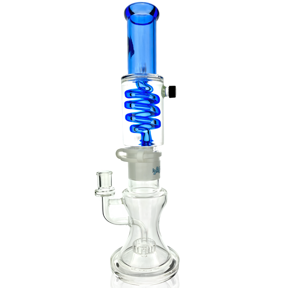 14" AFM Glass Showerhead Perc Bong with Blue Freezable Coil, Front View on White Background