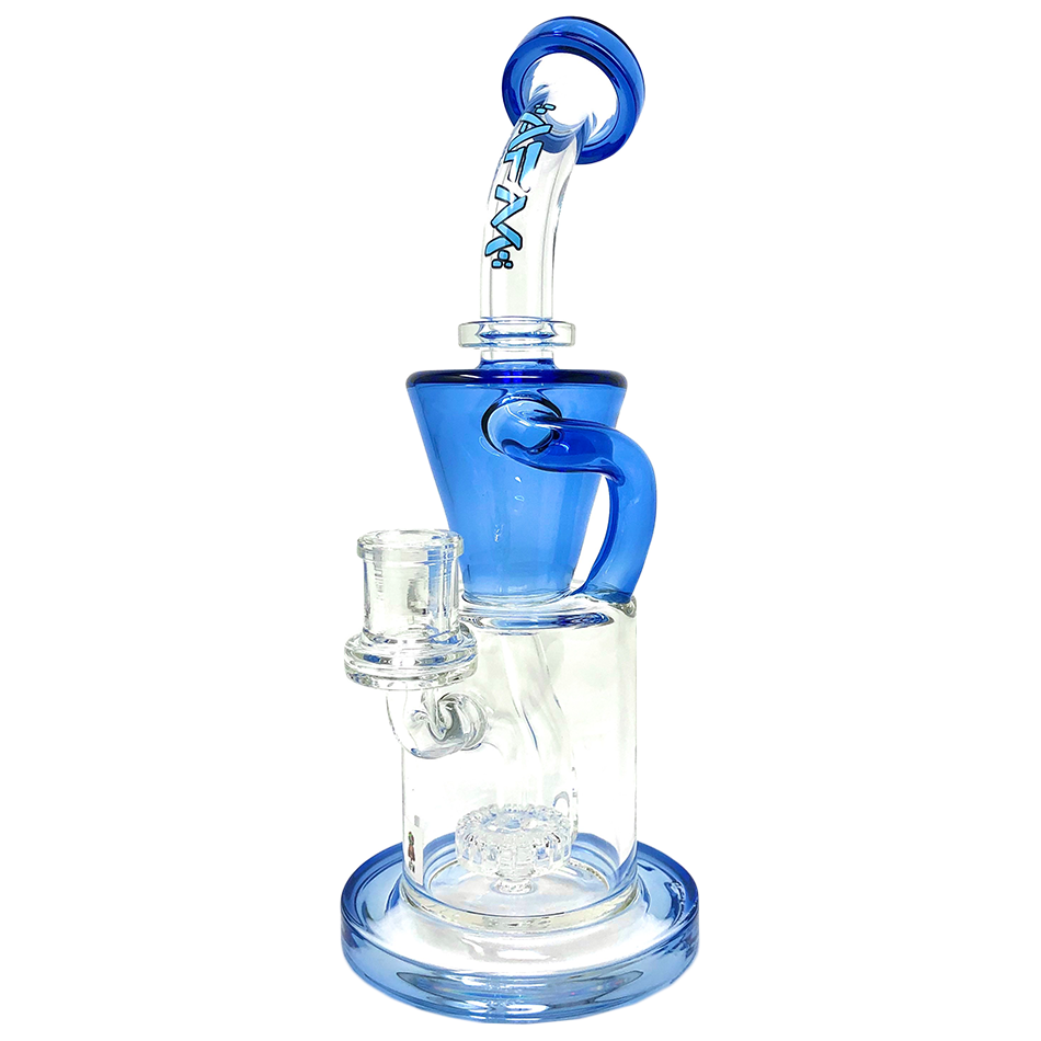 AFM Glass Drain Incycler Dab Rig in Ink Blue with Showerhead Perc, 10.5" Tall, Side View