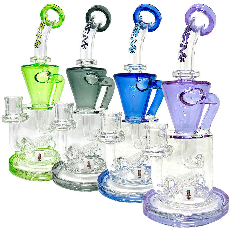 AFM Glass Drain Recycler Dab Rigs with Colored Lips in Green, Grey, Blue, and Purple