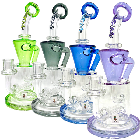 AFM Glass Drain Recycler Dab Rigs with Colored Lips in Green, Grey, Blue, and Purple