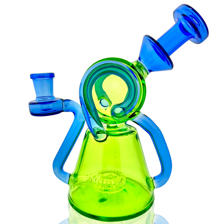 8" AFM Double Ram Glass Recycler Dab Rig with vibrant blue and green colors, front view on white background