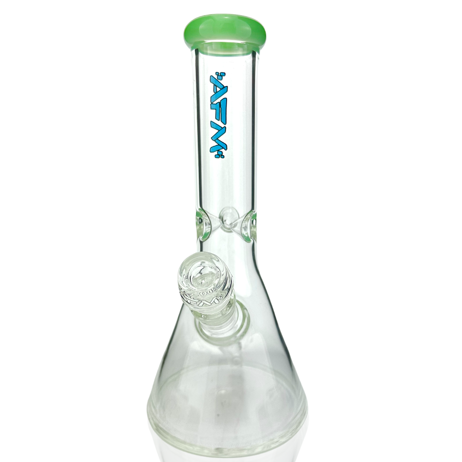 10" AFM Glass Beaker Bong with Mint Colored Lip and Logo - Front View