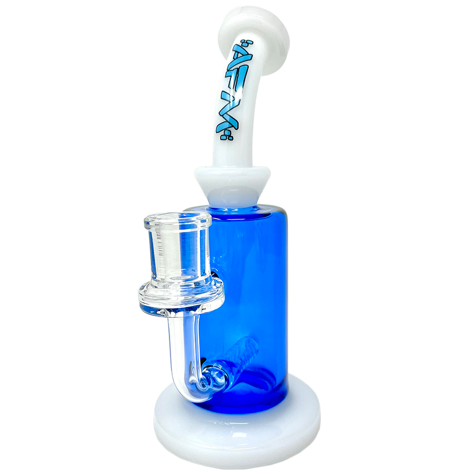 8" AFM Power Inline Perc Glass Dab Rig with Bent Neck and Blue Colored Glass - Front View