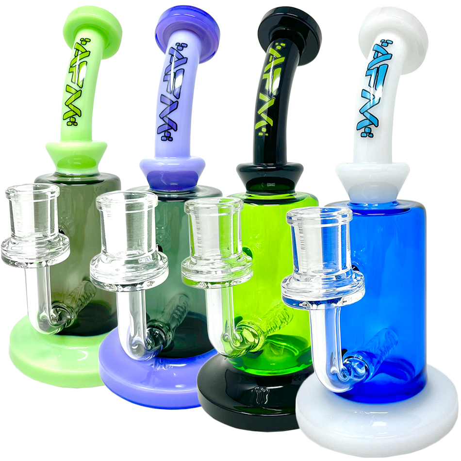 Assorted 8" AFM Power Inline Perc Glass Dab Rigs with Bent Neck on White Background