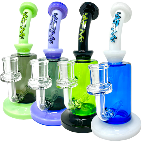 Assorted 8" AFM Power Inline Perc Glass Dab Rigs with Bent Neck on White Background