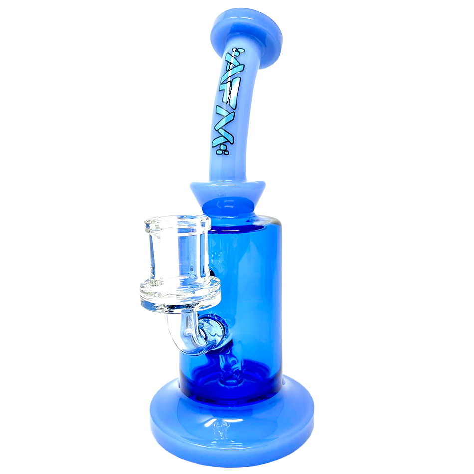 8" AFM Blue Glass Dab Rig with 3 Hole Perc, Bent Neck, and 14mm Female Joint - Front View