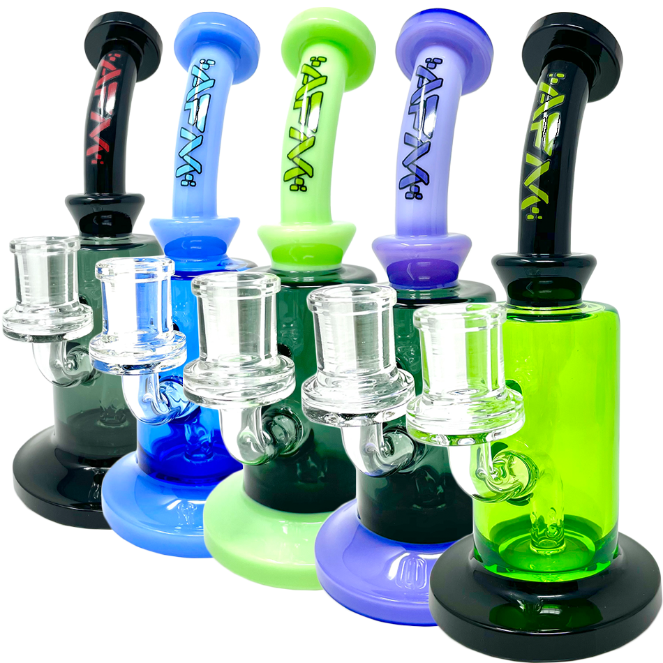 AFM Power 3 Hole Perc Glass Dab Rigs in various colors with bent necks and 14mm female joints