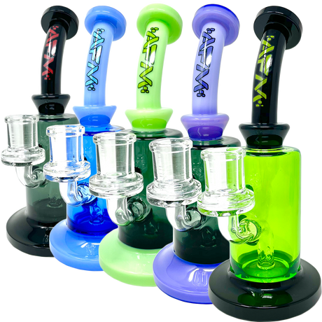 AFM Power 3 Hole Perc Glass Dab Rigs in various colors with bent necks and 14mm female joints