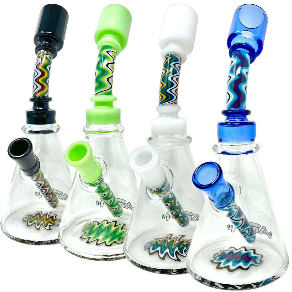 AFM Glass Beaker Bongs with Wig Wag designs, 8.5" height, in various colors, front view