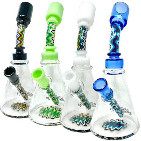 AFM Glass Beaker Bongs with Wig Wag designs, 8.5" height, in various colors, front view