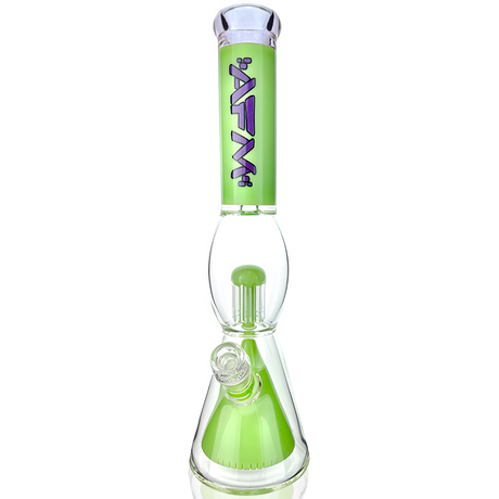 16" AFM Glass Beaker Bong with UFO Pyramid Perc, Bent Neck, and Green Accents - Front View