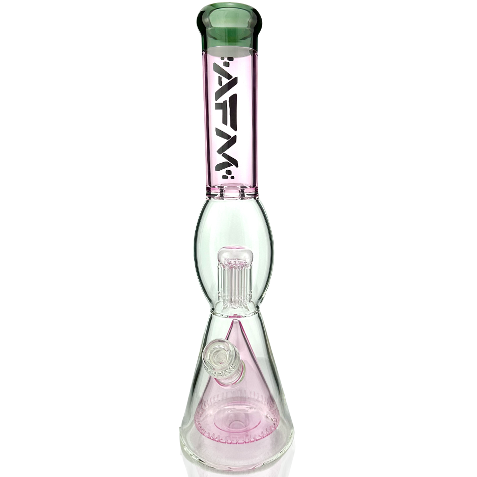 16" AFM Glass Beaker Bong with UFO Pyramid Perc in Pink, Front View on White Background