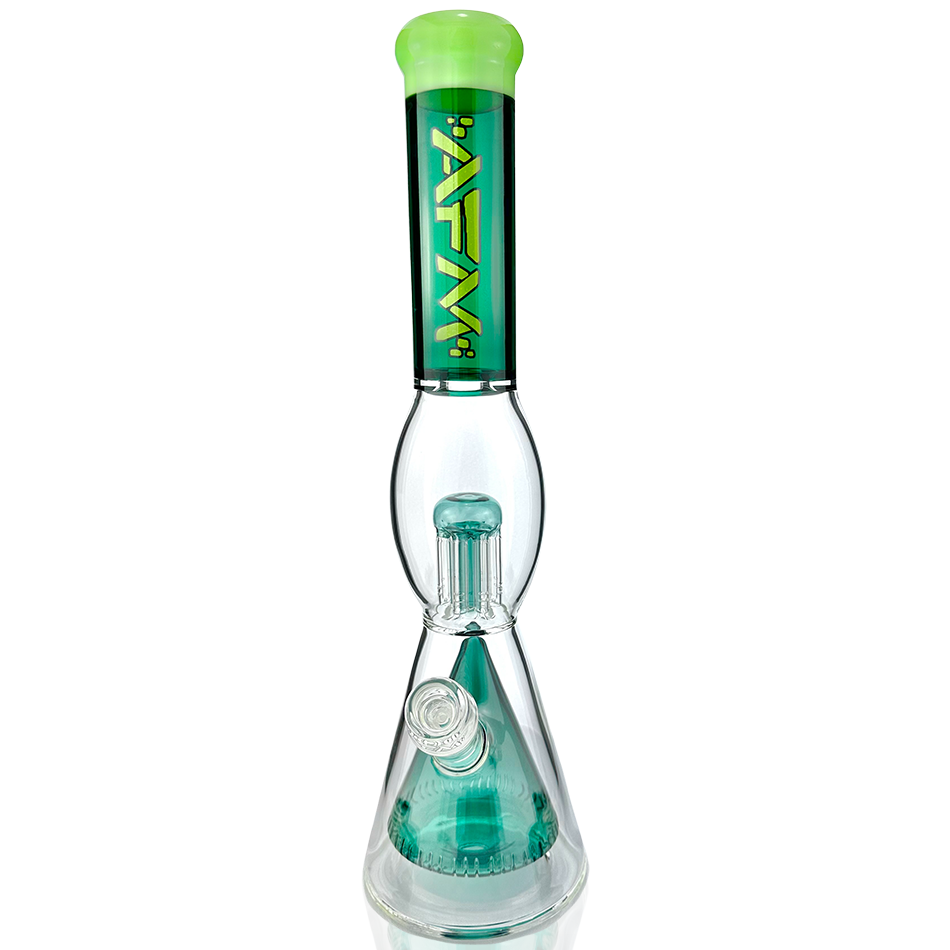 AFM Glass 16" Beaker Bong with UFO Pyramid Perc in Aqua/Slime, Borosilicate Glass, Front View