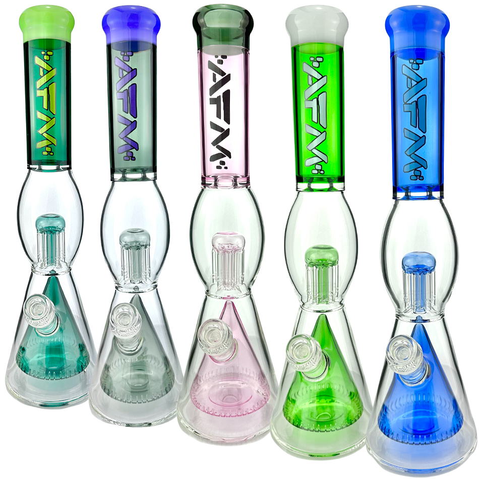 AFM Glass 16" Beaker Bongs with UFO Pyramid Percs in Assorted Colors, Front View