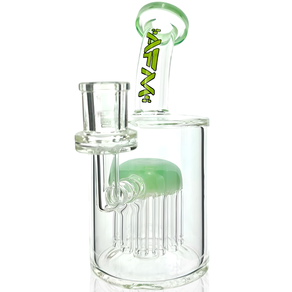 6" AFM Glass Dab Rig with 12 Arm Tree Perc and Bent Neck, Front View on White Background