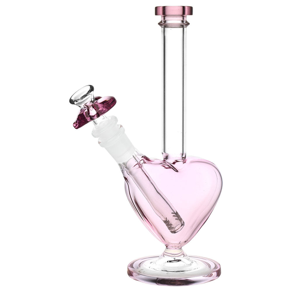 Heart-shaped glass water pipe with 14mm female joint, 9.25" tall, side view on white background