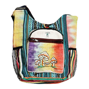 ThreadHeads Hemp Tie Dye Mushroom Patchwork Bag with Front Zipper Pocket