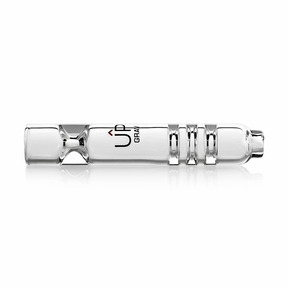 GRAV 3" Upline Taster hand pipe in clear borosilicate glass with black label, side view