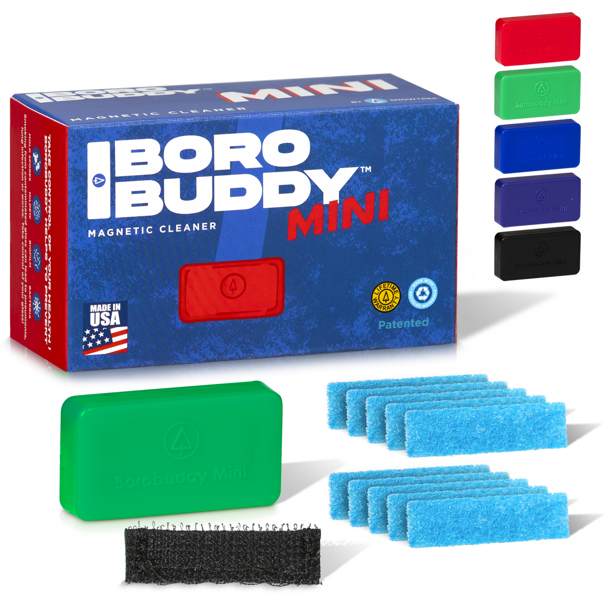 BoroBuddy Mini Magnetic Cleaner by Snowtree with colorful sponges, front view on white background