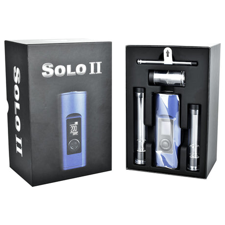 Arizer Solo II Dry Herb Vaporizer with accessories and packaging, easy-to-use digital display