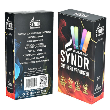 Pulsar Syndr Dry Herb Vaporizer packaging front and side view highlighting 4 heat settings and USB charging