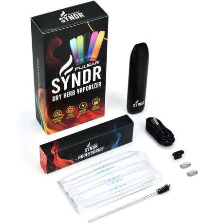 Pulsar Syndr Dry Herb Vaporizer kit with 880mah battery, USB charger, and cleaning tools