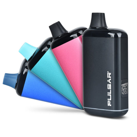 Pulsar 510 DL 2.0 Pro Vape Bars in blue, pink, and black, 1000mAh battery, front view on white background