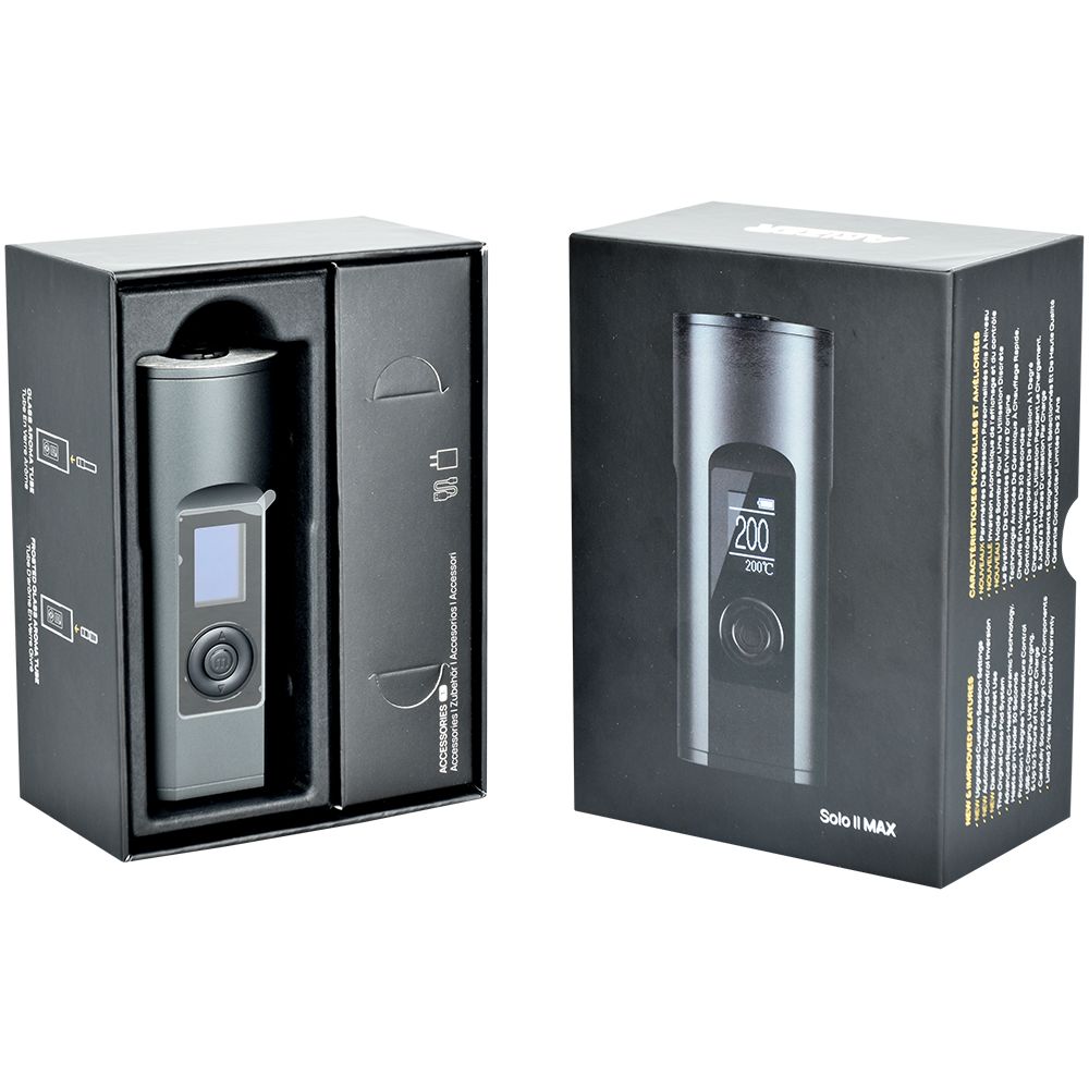 Arizer Solo II Max Dry Herb Vaporizer with 3200mAh battery, displayed in packaging, front and side views