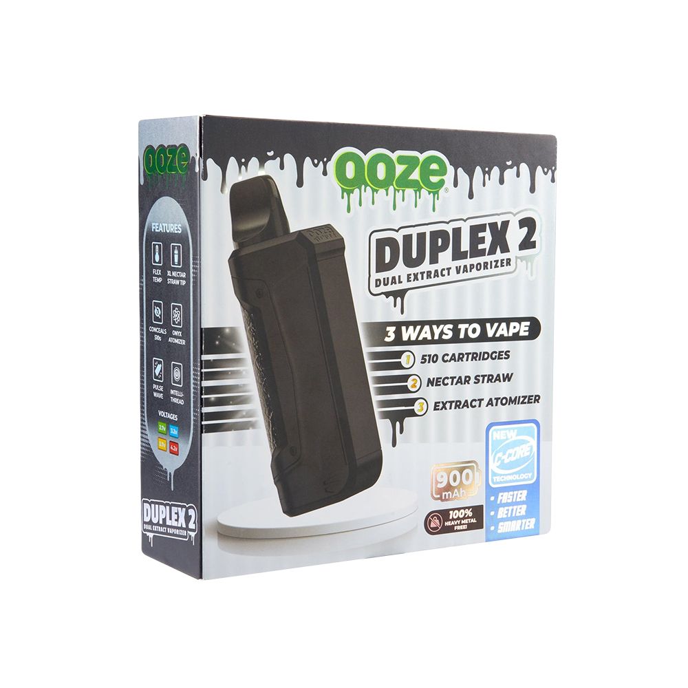 Ooze Duplex 2 C-Core Vaporizer in packaging, 900mAh battery, front view on white background