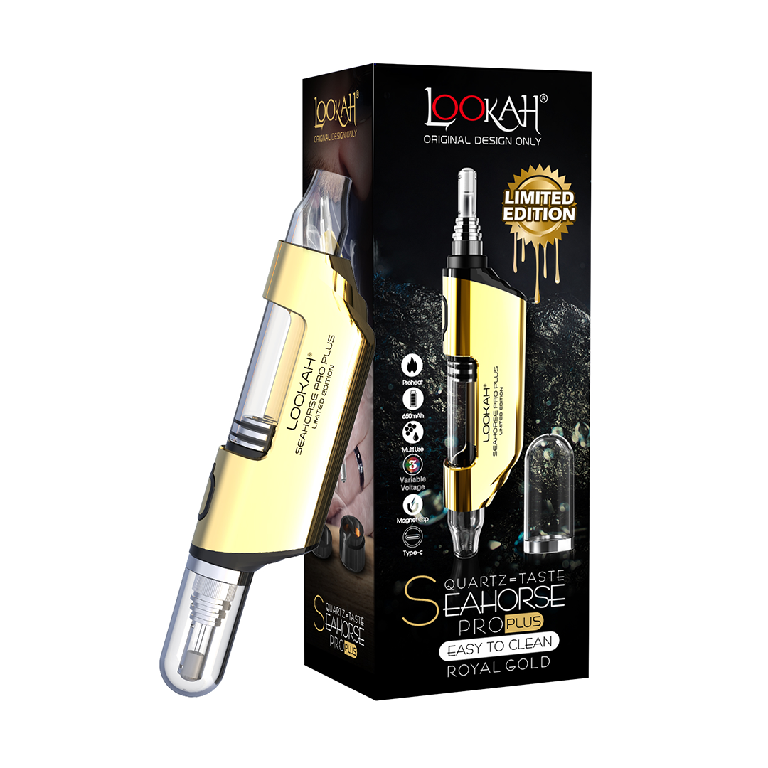 Lookah Seahorse Pro Plus Vaporizer in Royal Gold, displayed with packaging and features