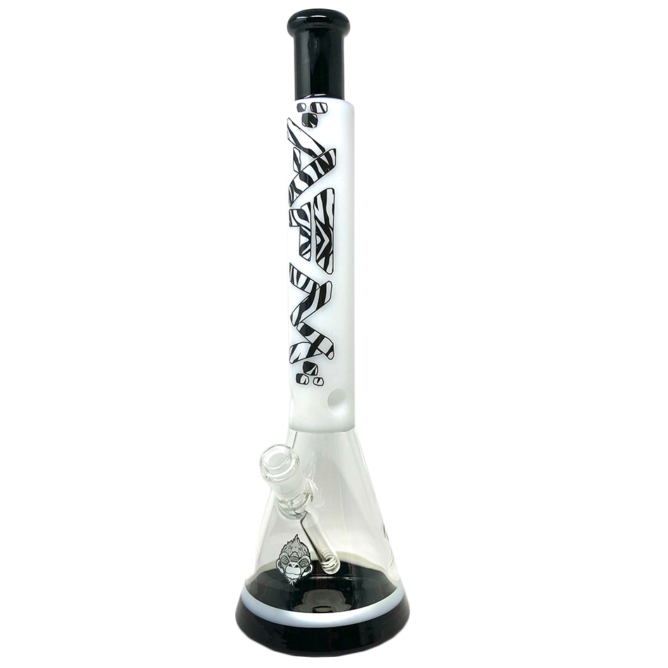 18" AFM Zebra Glass Beaker Bong with Showerhead Perc, Front View on White Background