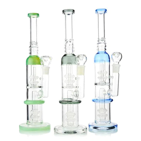 1Stop Glass 14" Heavy Hitter Bongs with 4 Showerhead Percs in Black, Blue, Green - Front View