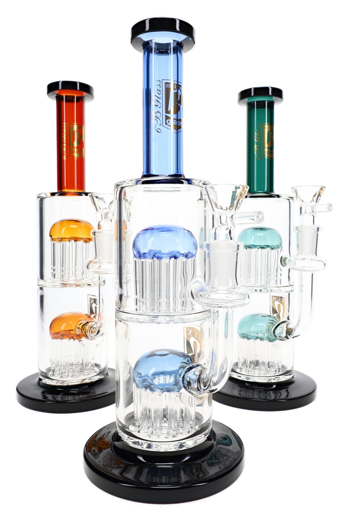 Three 6B Glass double tree perc bongs in blue, amber, and teal with black mouthpiece trim and black bases