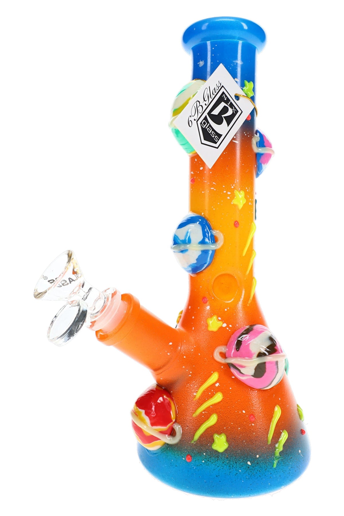 Back view of the 6B Glass planetary beaker bong with a different set of raised planets and a glass bowl