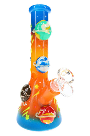 6B Glass planetary beaker bong with a blue, orange, and yellow finish and raised glass planets, front view
