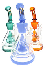 Three 6B Glass cone showerhead perc beaker bongs in teal, periwinkle, and amber with curved mouthpieces
