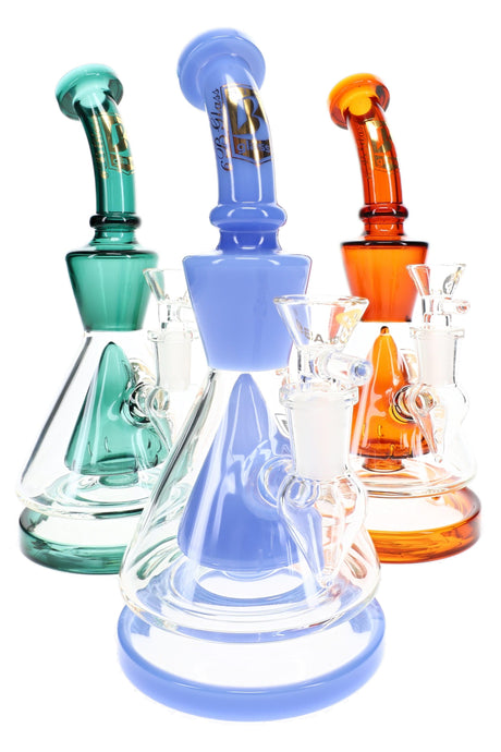 Three 6B Glass cone showerhead perc beaker bongs in teal, periwinkle, and amber with curved mouthpieces