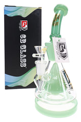 6B Glass cone showerhead perc beaker bong in mint green glass with a curved mouthpiece beside its box